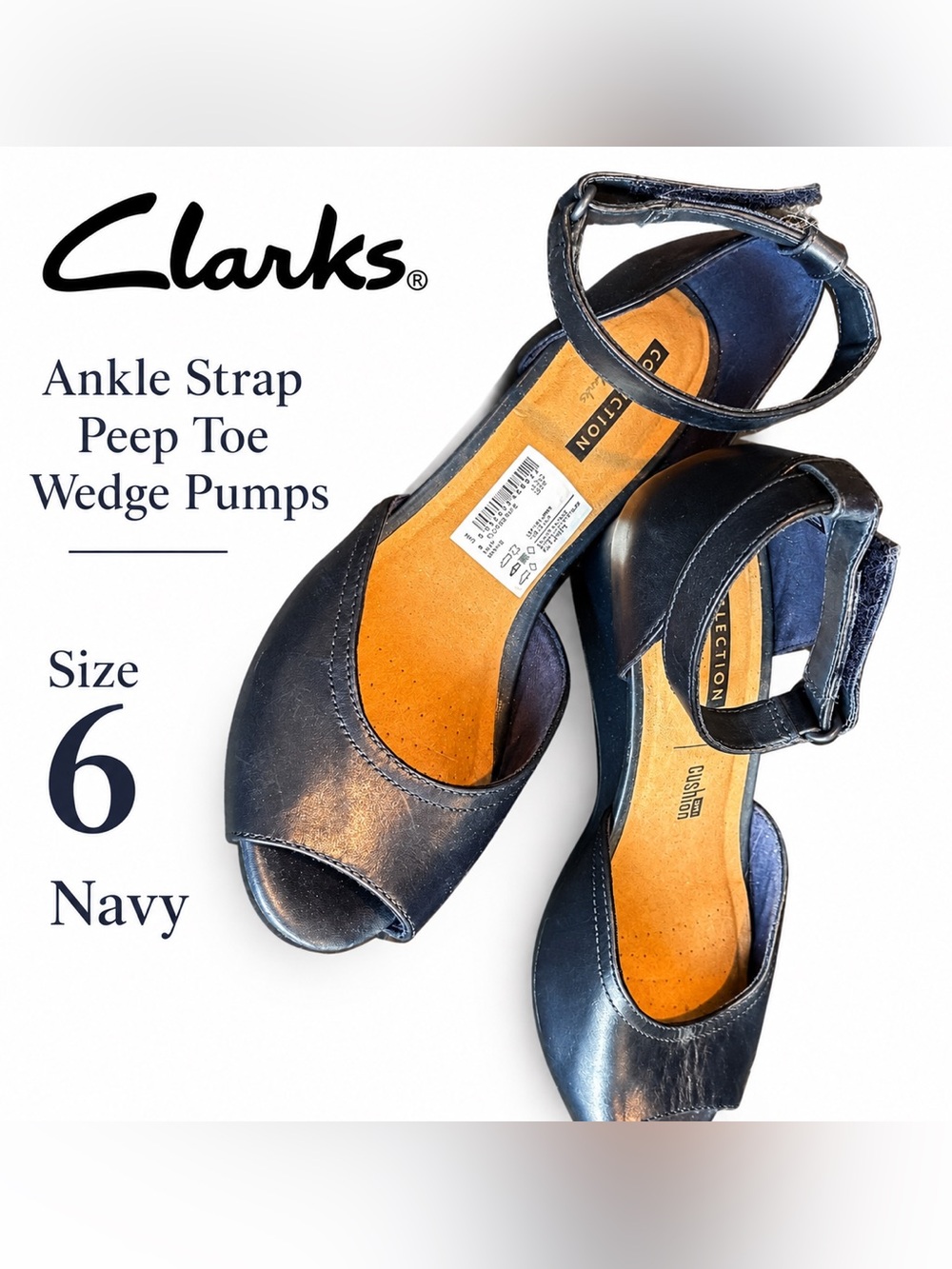 Clarks Navy Peep Toe Ankle-Strap Wedge pumps